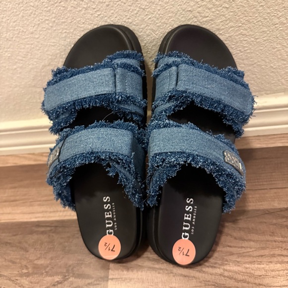 Guess Blue Denim Frayed Slide Sandals - Picture 10 of 13